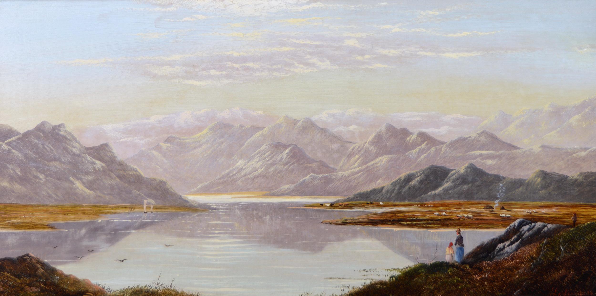 Pair of 19th Century landscape oil paintings of mountain Lakes - Painting by Charles Leslie