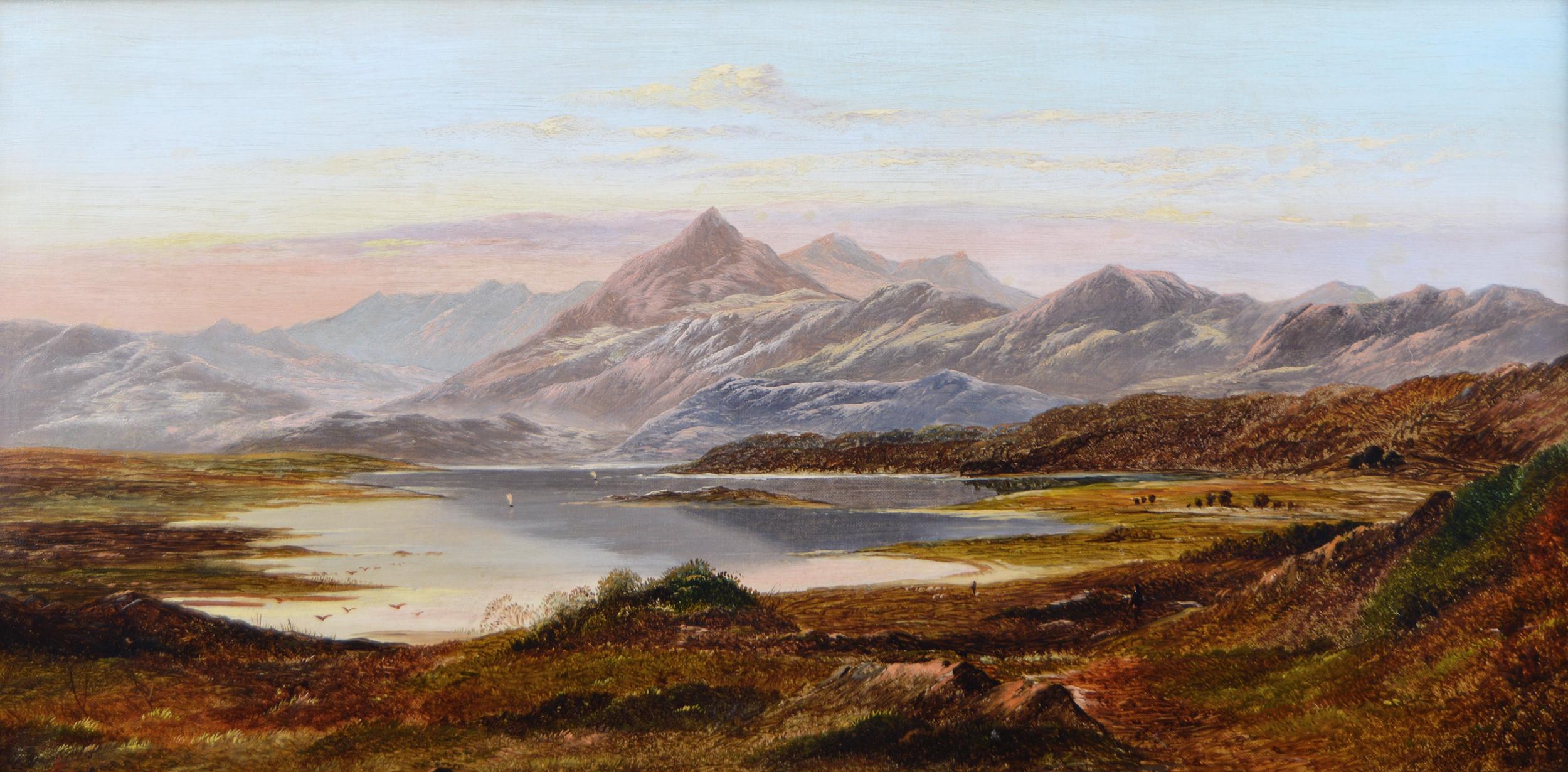 Pair of 19th Century landscape oil paintings of mountain Lakes - Victorian Painting by Charles Leslie