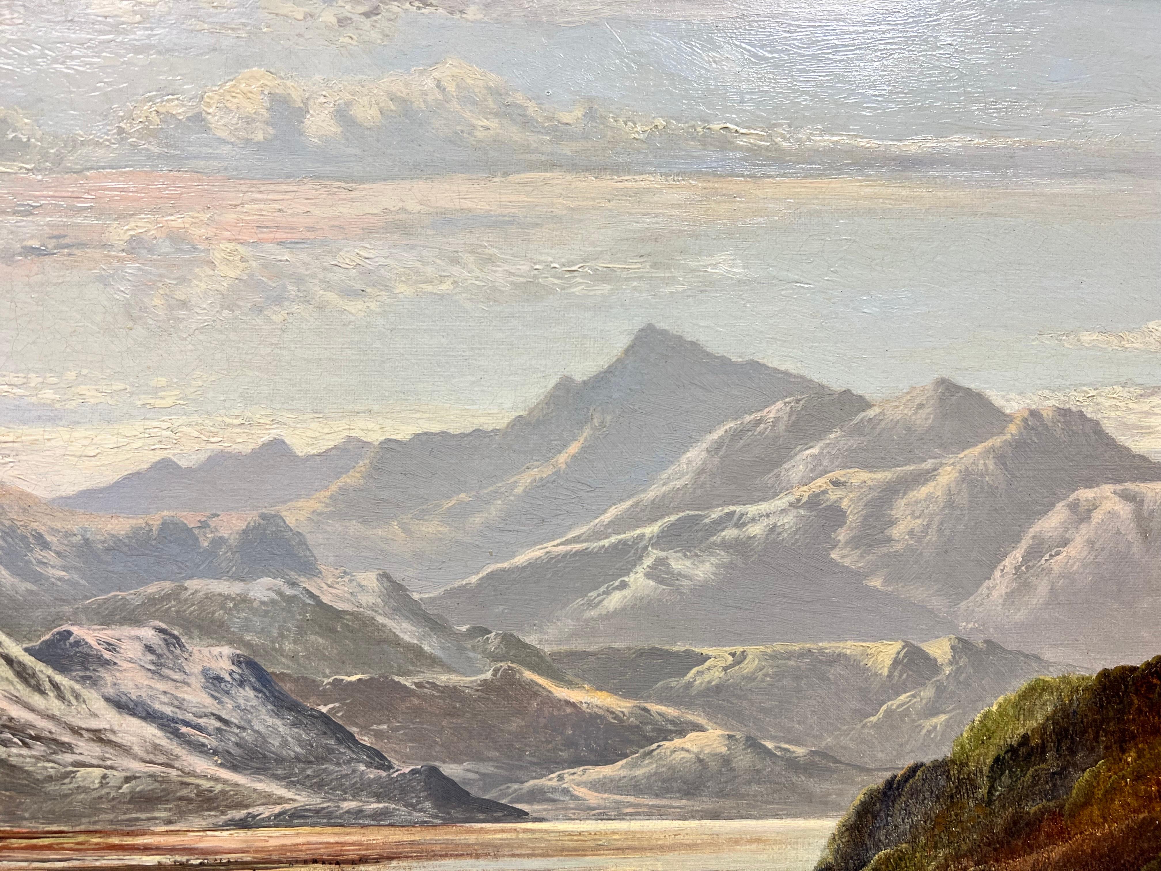 Pintura al óleo escocesa victoriana muy fina firmada Escena panorámica del lago Montañas en venta 6