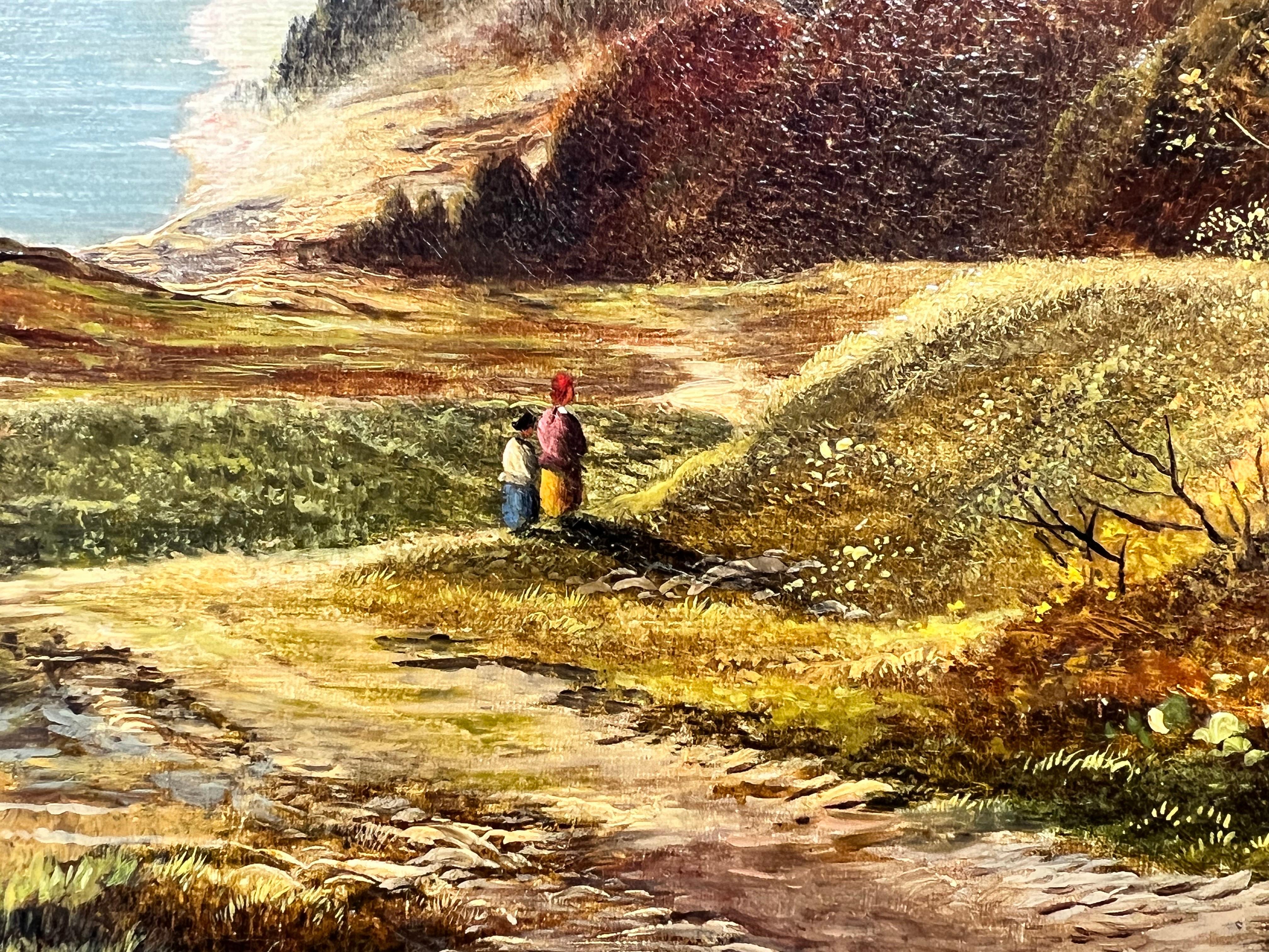 Artisten/Schule: Charles Leslie (britisches 19. Jahrhundert), signiert und datiert 1875

Titel: Das Panoramaloch. Schöne und majestätische schottische Hochland-Szene mit Figuren, die den alten Pfad entlanggehen. Dramatische Bergkette in der Ferne.