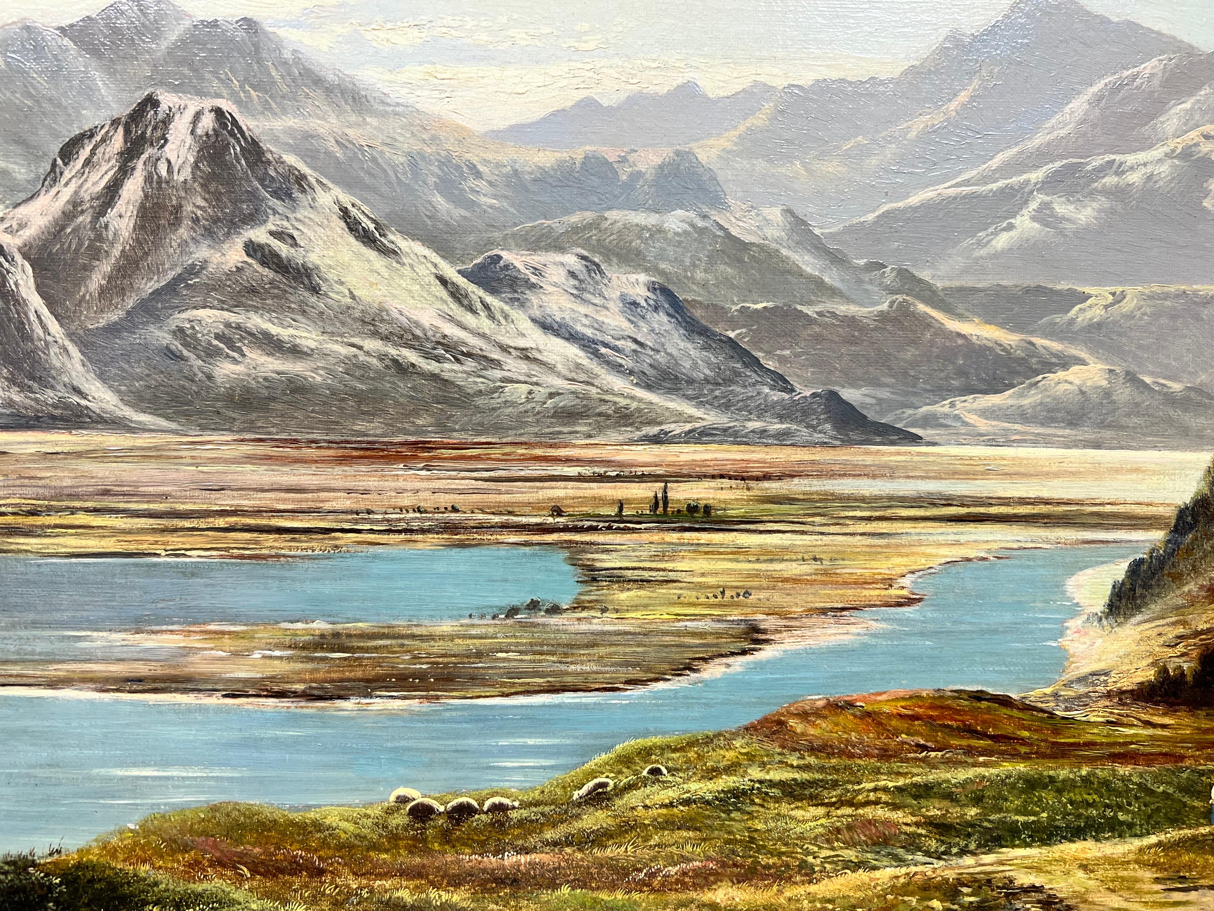Very Fine Victorian Scottish Signed Oil Painting Panoramic Loch Scene Mountains For Sale 1