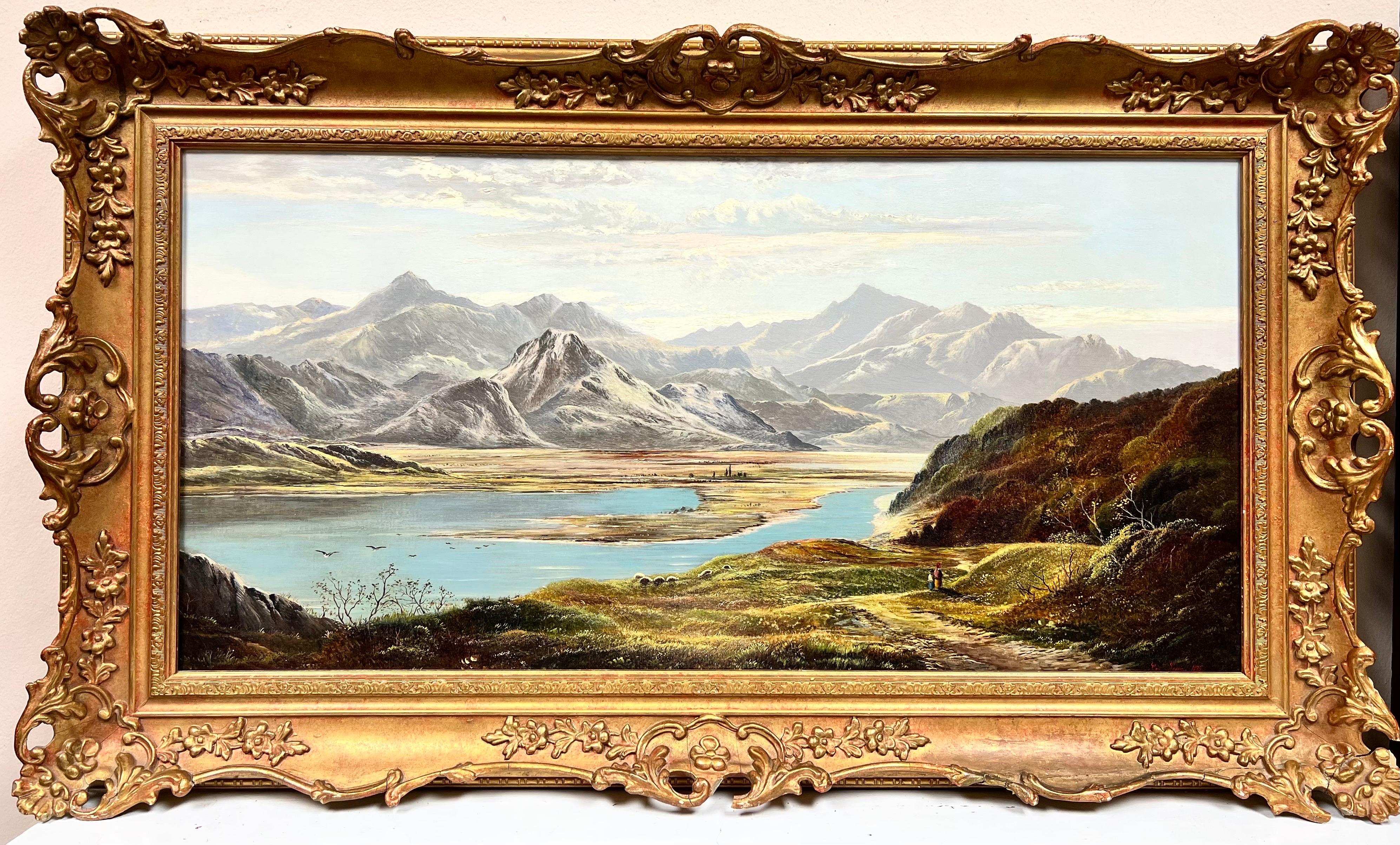 Charles Leslie Figurative Painting - Very Fine Victorian Scottish Signed Oil Painting Panoramic Loch Scene Mountains