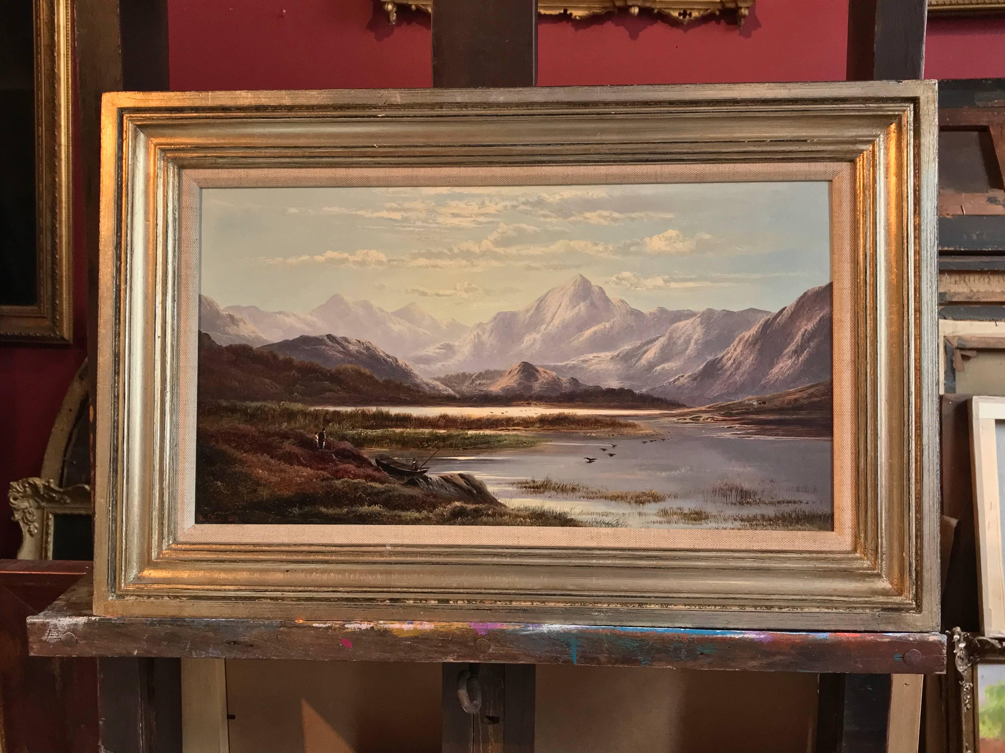 Victorian Scottish Highlands Loch Scene, signed oil painting on canvas - Painting by Charles Leslie