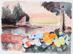 Campo de flores, acuarela impresionista de Charles Levier