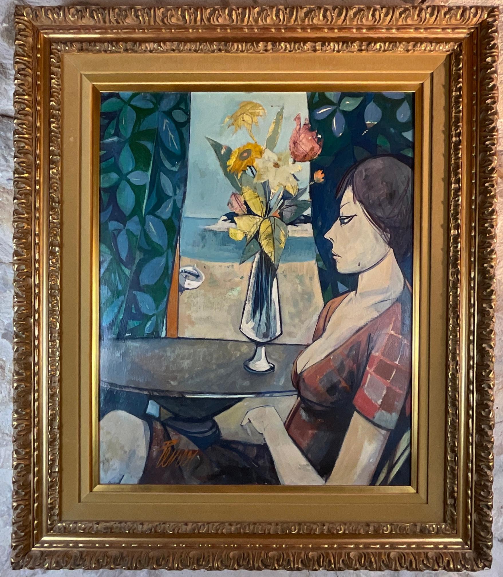 Mid-Century moderno Pittura ad olio figurativa di Charles Levier, pittura ad olio in stile Bernard Buffet in vendita