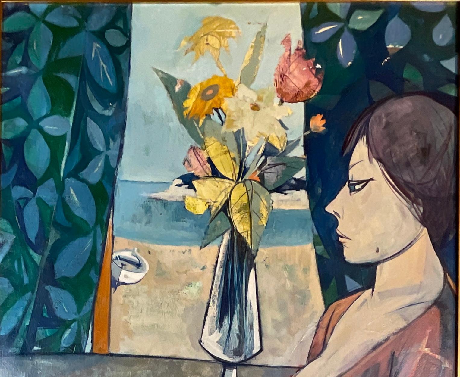 Americano Pittura ad olio figurativa di Charles Levier, pittura ad olio in stile Bernard Buffet in vendita