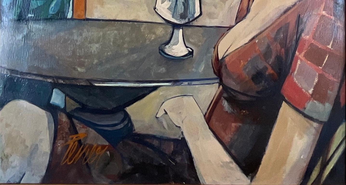 Dorato Pittura ad olio figurativa di Charles Levier, pittura ad olio in stile Bernard Buffet in vendita