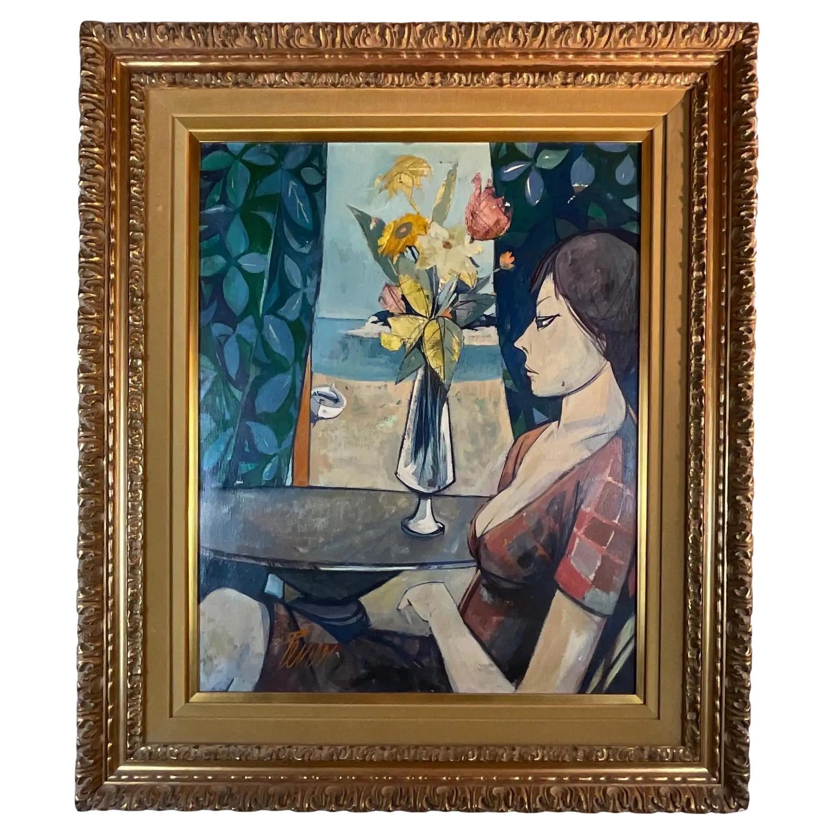 Charles Levier Figurative Oil Painting, Bernard Buffet Style Oil Painting