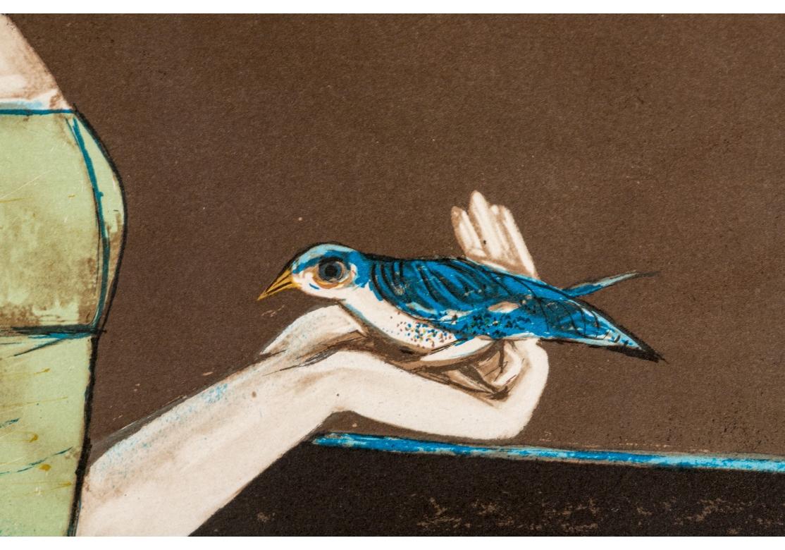 20ième siècle Charles Levier (Fr., 1920 - 2003) Grande lithographie Harlequin & Woman With Bird en vente
