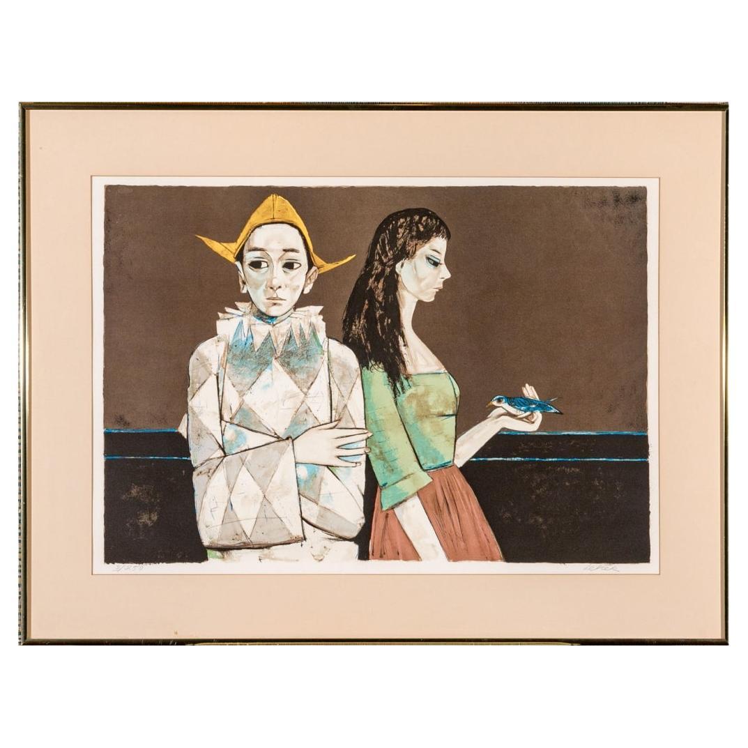 Charles Levier (Fr., 1920 - 2003) Large Lithograph Harlequin & Woman With Bird For Sale