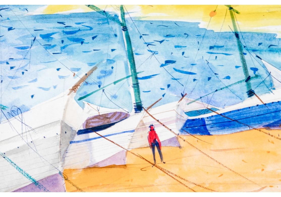 Aquarelle et encre représentant une scène côtière avec un personnage en rouge et des voiliers amarrés sur le rivage sablonneux, des eaux aux tons bleus avec le ressac remontant sur la plage, une grande structure aux teintes pastel se prélassant au