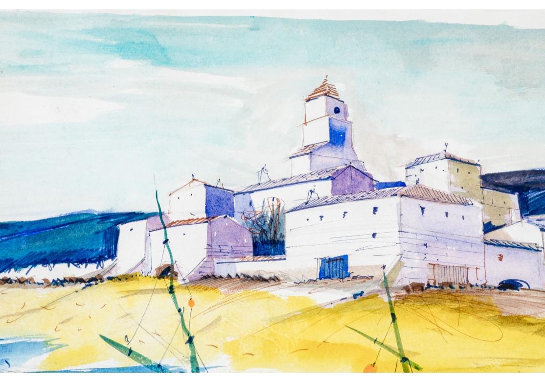 Mid-Century Modern Charles Levier (Fr., 1920 - 2003) Large Watercolor & Ink Coastal Landscape  For Sale