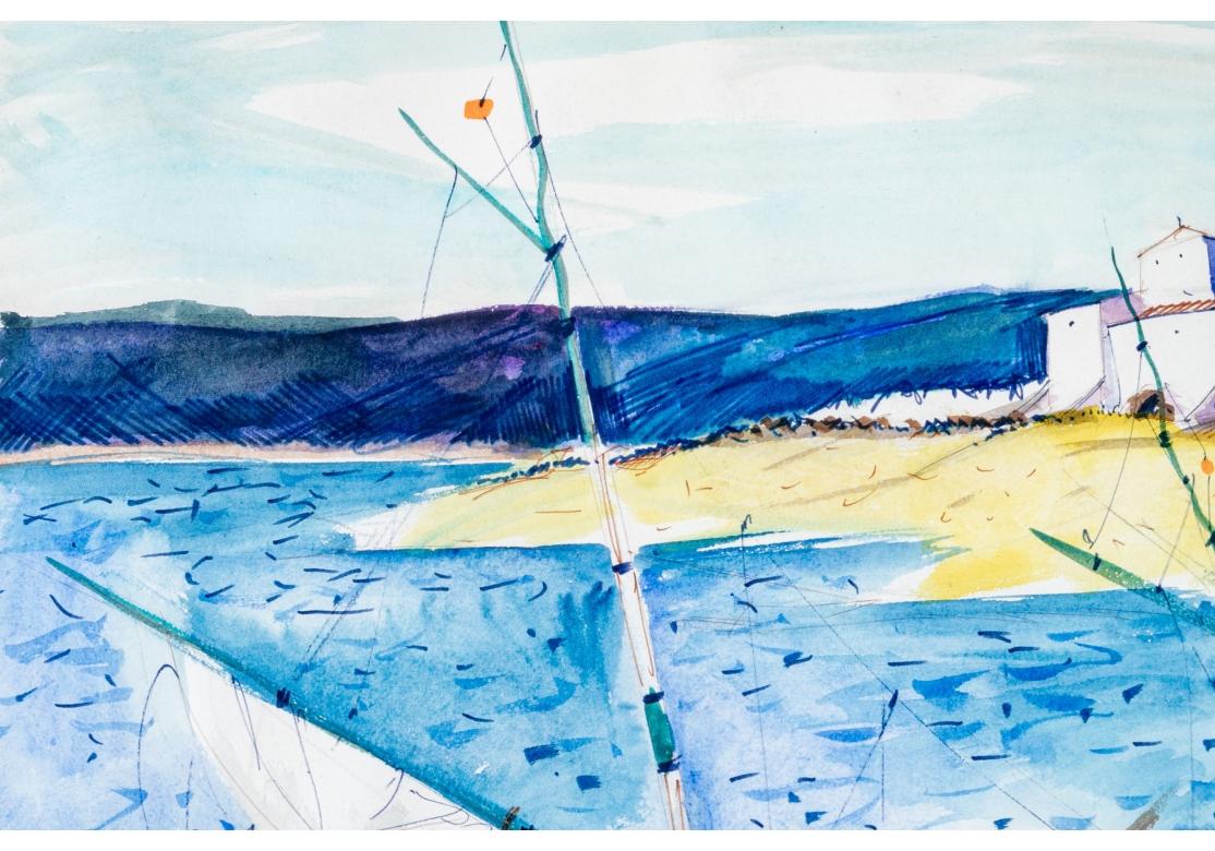 Peint à la main Charles Levier (Fr., 1920 - 2003) grande aquarelle et encre de paysage côtier  en vente