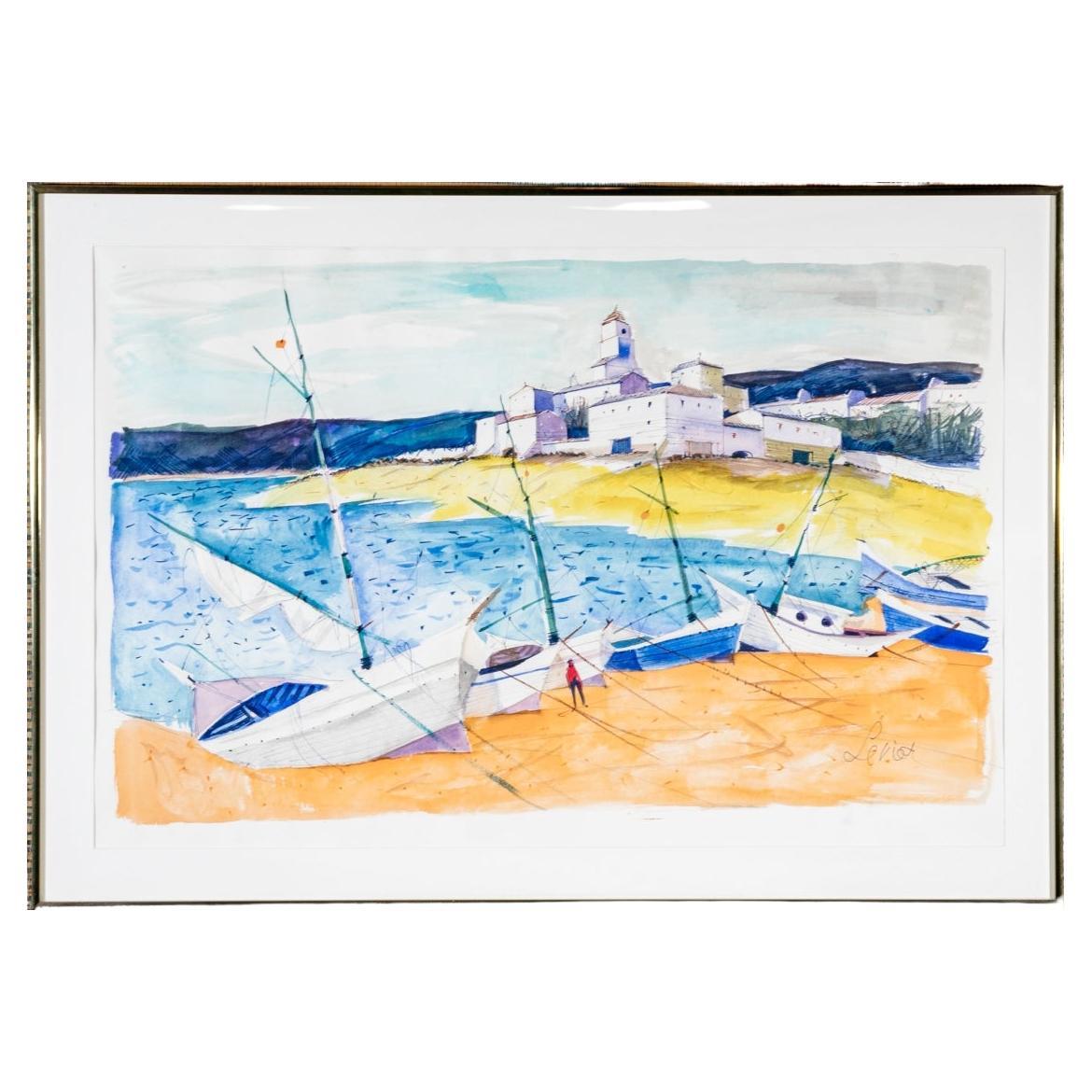 Charles Levier (Fr., 1920 - 2003) grande aquarelle et encre de paysage côtier  en vente