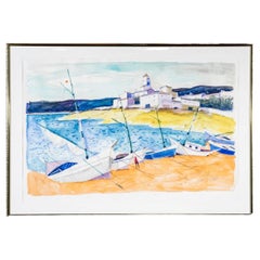 Vintage Charles Levier (Fr., 1920 - 2003) Large Watercolor & Ink Coastal Landscape 