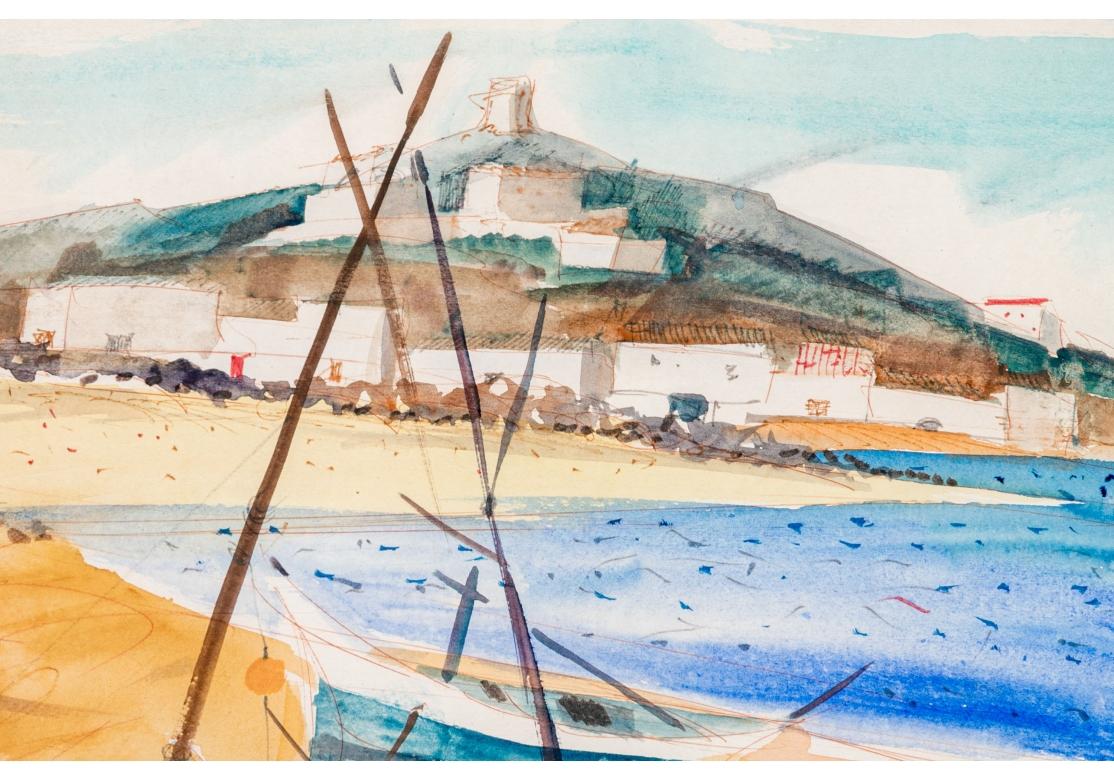 Watercolor and ink depicting a woman to the lower right with her back to the coast-line with moored sailboats on a sandy beach, including one with a fisherman. The coastal scene with blue tonal waters and white structures high up on the mountain