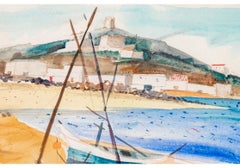 Charles Levier (Fr., 1920 - 2003) Large Watercolor & Ink Figural Coastal Scene