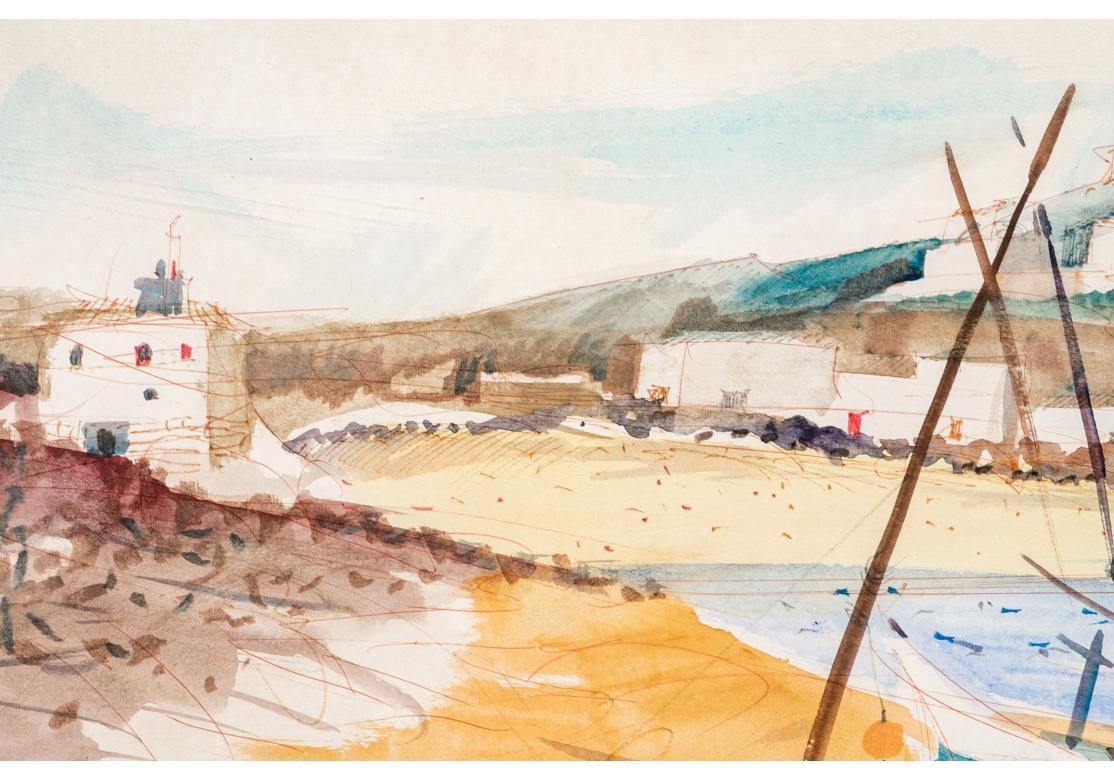 Mid-Century Modern Charles Levier (Fr., 1920 - 2003) Large Watercolor & Ink Figural Coastal Scene  For Sale
