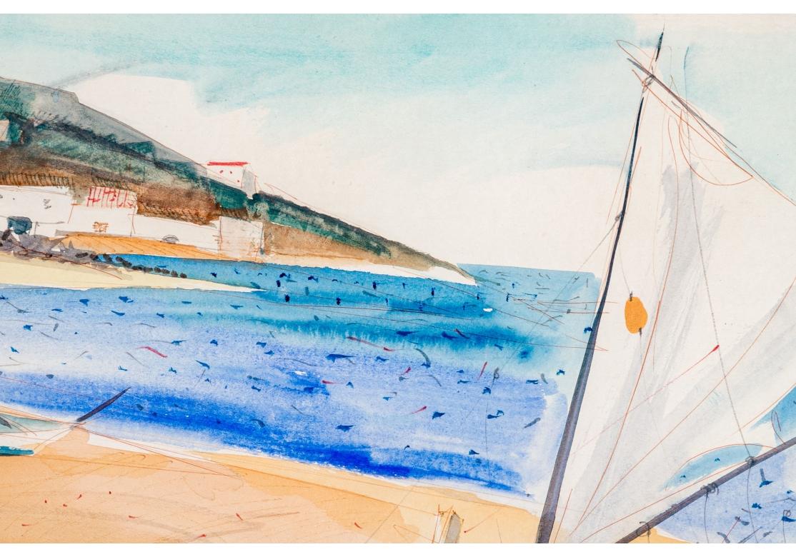 French Charles Levier (Fr., 1920 - 2003) Large Watercolor & Ink Figural Coastal Scene  For Sale