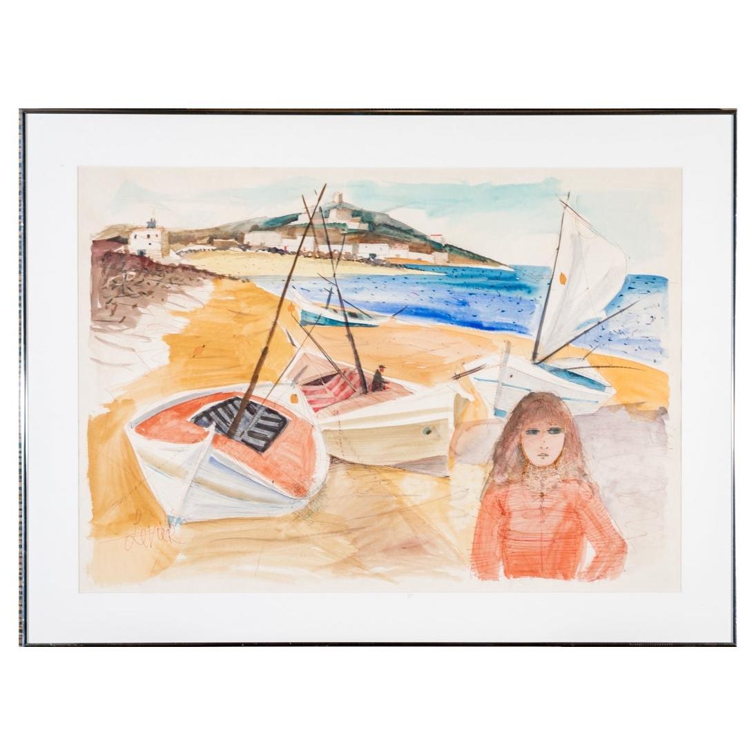 Charles Levier (Fr., 1920 - 2003) Large Watercolor & Ink Figural Coastal Scene  For Sale