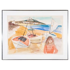 Charles Levier (Fr., 1920 - 2003) Large Watercolor & Ink Figural Coastal Scene 