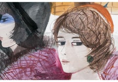 Charles Levier (Fr., 1920 - 2003) Large Watercolor & Ink Figural Landscape