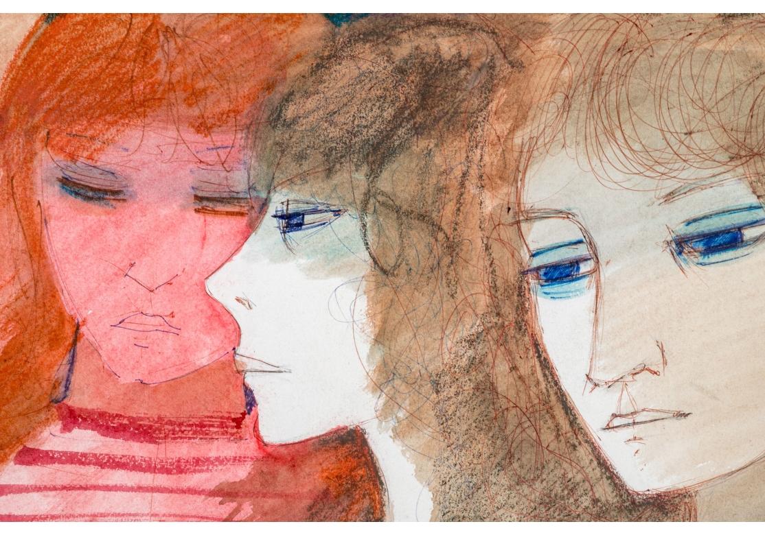 Charles Levier (Fr., 1920 - 2003) Grande aquarelle et encre - Scène figurative avec femmes en vente 4