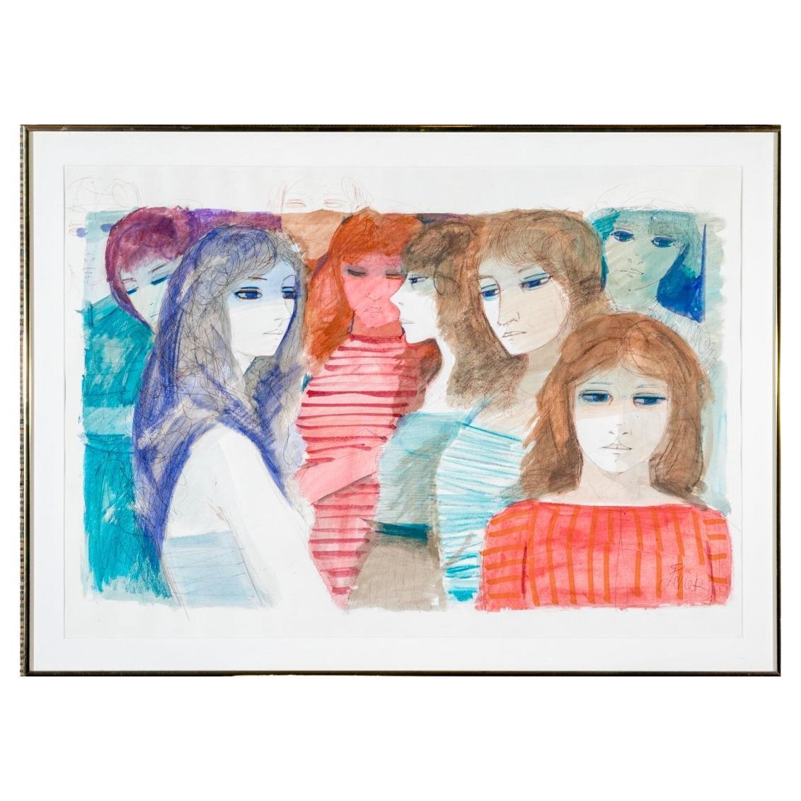 Charles Levier (Fr., 1920 - 2003) Large Watercolor & Ink Figural Scene w/ Women For Sale