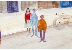 Charles Levier (Fr. 1920 - 2003) Grande aquarelle et encre Deux filles avec des fleurs