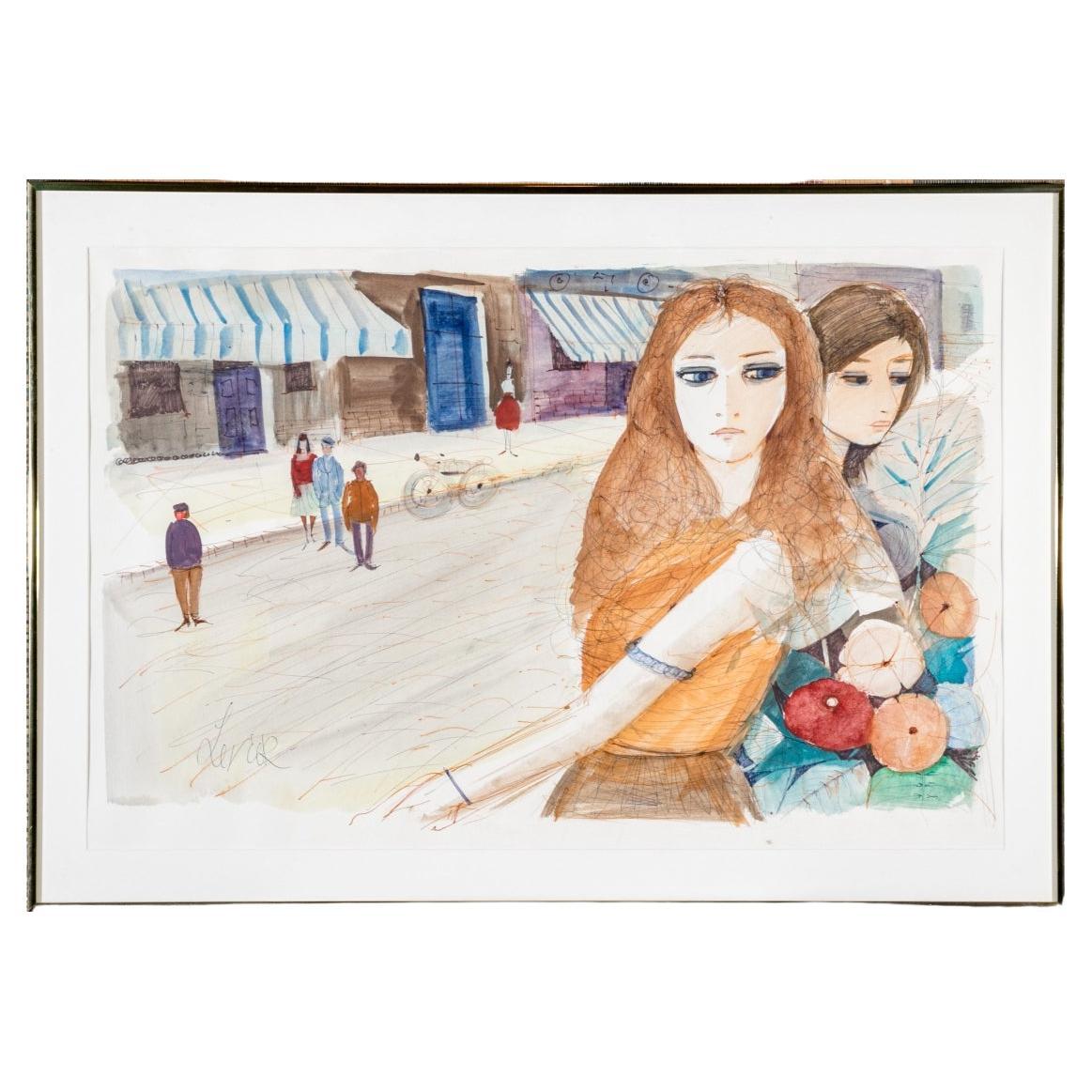 Charles Levier (Fr. 1920 - 2003) Large Watercolor & Ink Two Girls With Flowers