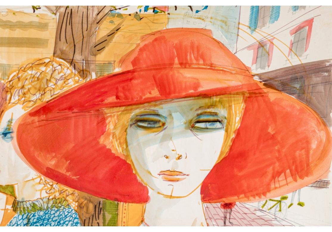 Large water color and ink depicting the portrait of a woman wearing an orange hat with a printed orange dress.
Two other women to the left, all with shaded blue eyes. Set against an outdoor setting with a city tree in the background and a structure