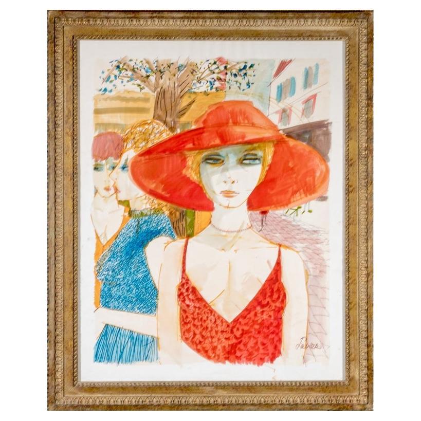 Charles Levier (Fr., 1920 - 2003) - Lge Watercolor & Ink Woman In Orange Sun Hat For Sale