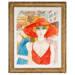 Vintage Charles Levier (Fr., 1920 - 2003) - Lge Watercolor & Ink Woman In Orange Sun Hat
