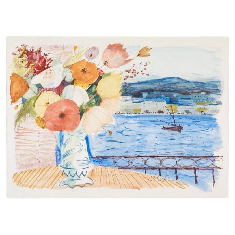 Watercolor on paper depicting a colorful floral bouquet on a table top over-looking the water with a vessel and white structures in the background.
Presented in a nickel frame, matted and glazed. 
Pencil signed lower right.
Dimensions: 
Sight: 16