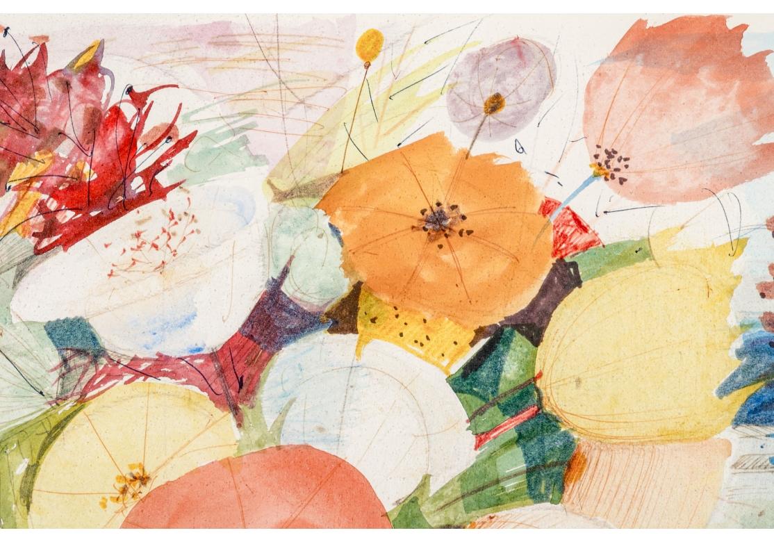 Metal Charles Levier (Fr. 1920-2003), Seaside Flowers, Signed Watercolor On Paper For Sale