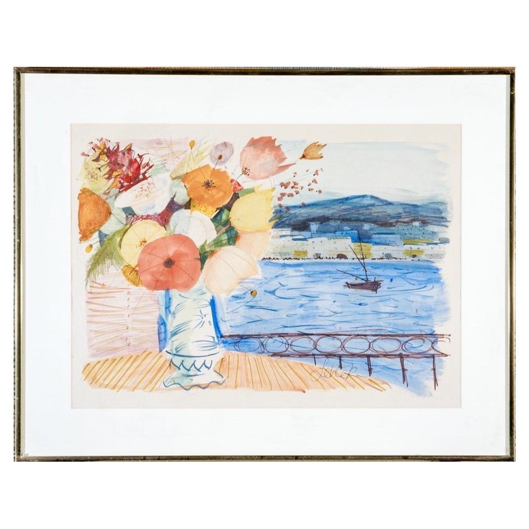 Charles Levier (Fr. 1920-2003), Seaside Flowers, Signed Watercolor On Paper For Sale
