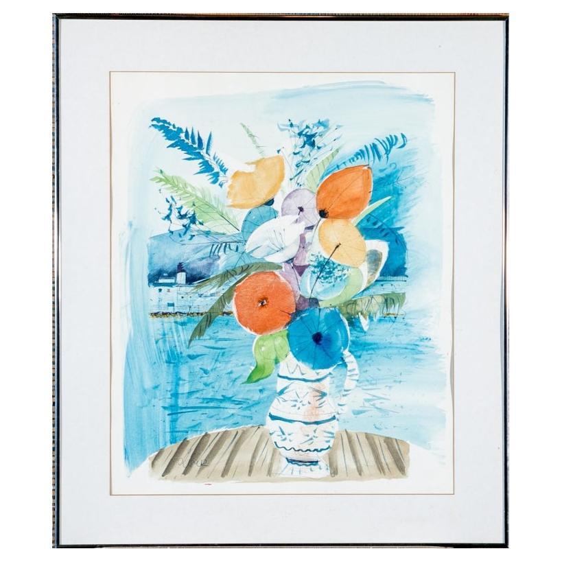 Charles Levier (Fr., 1920 - 2003) - Signed Watercolor And Ink Floral Still Life For Sale