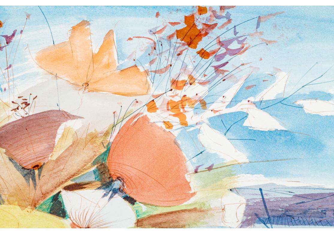 Mid-Century Modern Charles Levier (Fr., 1920 - 2003) - Aquarelle et encre « Bouquet Over Bay » signée en vente