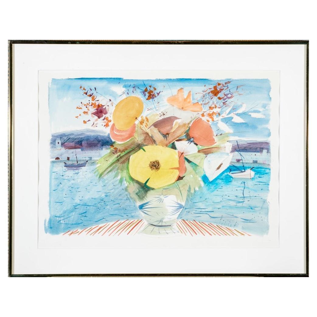 Charles Levier (Fr., 1920 - 2003) - Signed Watercolor & Ink Bouquet Over Bay For Sale