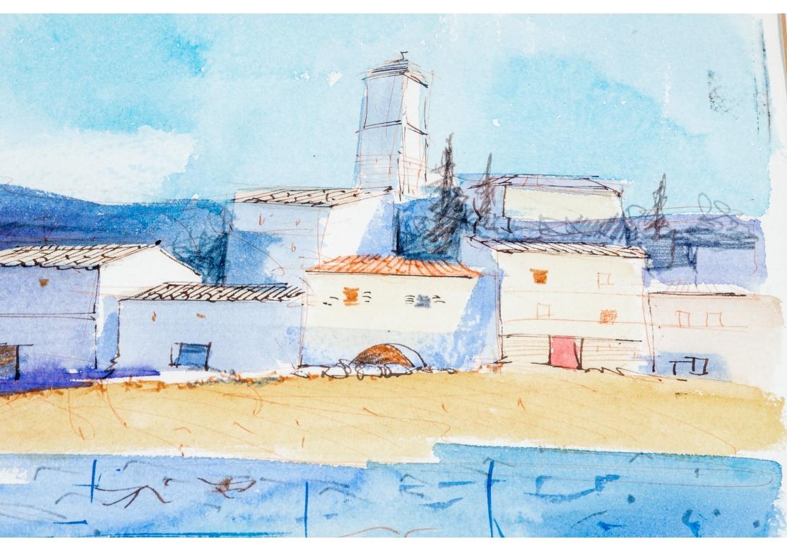 Metal Charles Levier (Fr., 1920 - 2003) - Signed Watercolor & Ink Coastal Scene For Sale