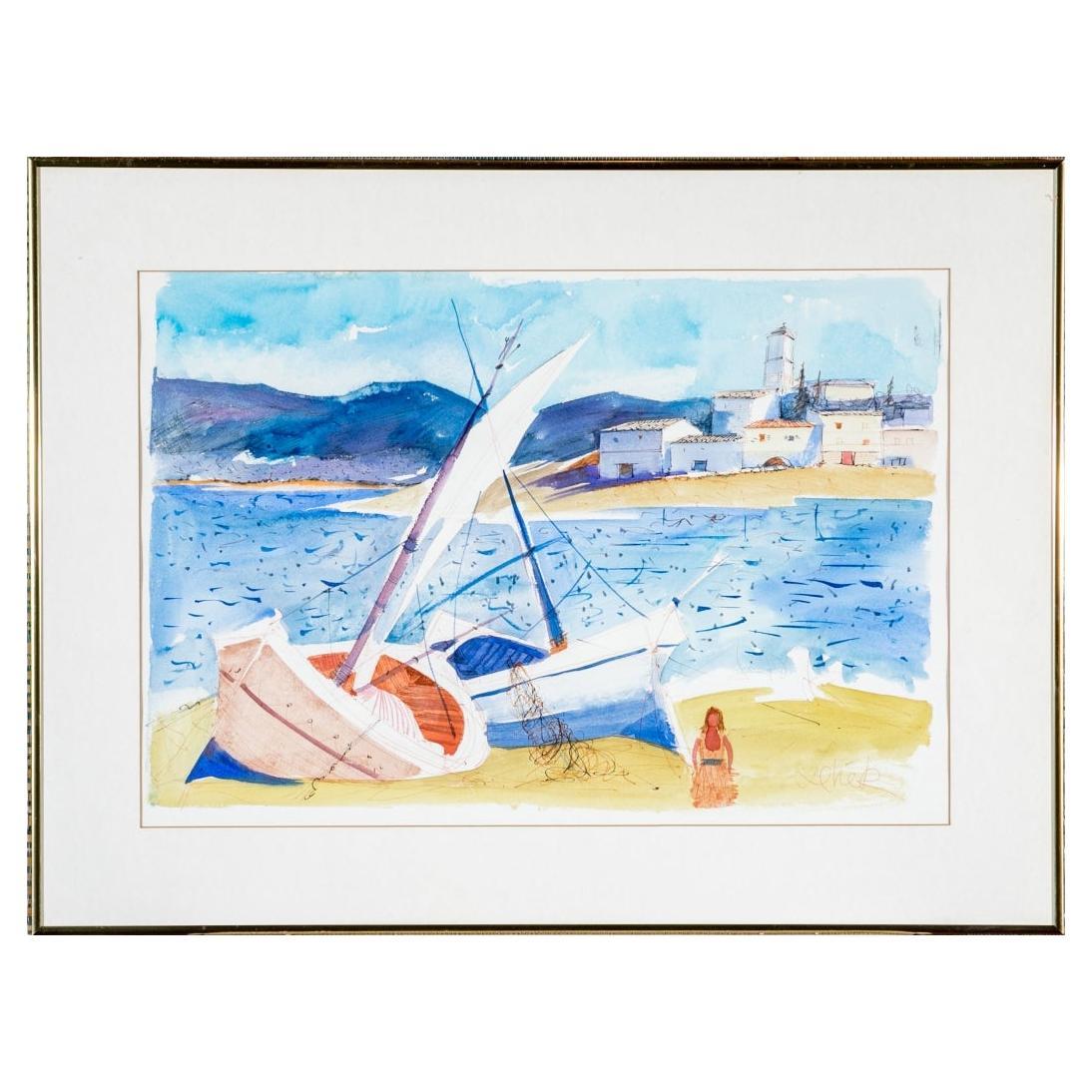 Charles Levier (Fr., 1920 - 2003) - Signed Watercolor & Ink Coastal Scene For Sale