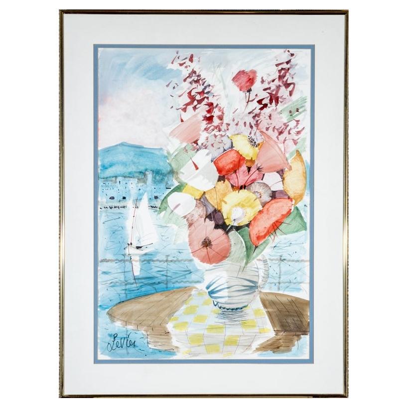 Charles Levier (Fr, 1920 - 2003) - Aquarelle et fleurs sur balcony signées en vente