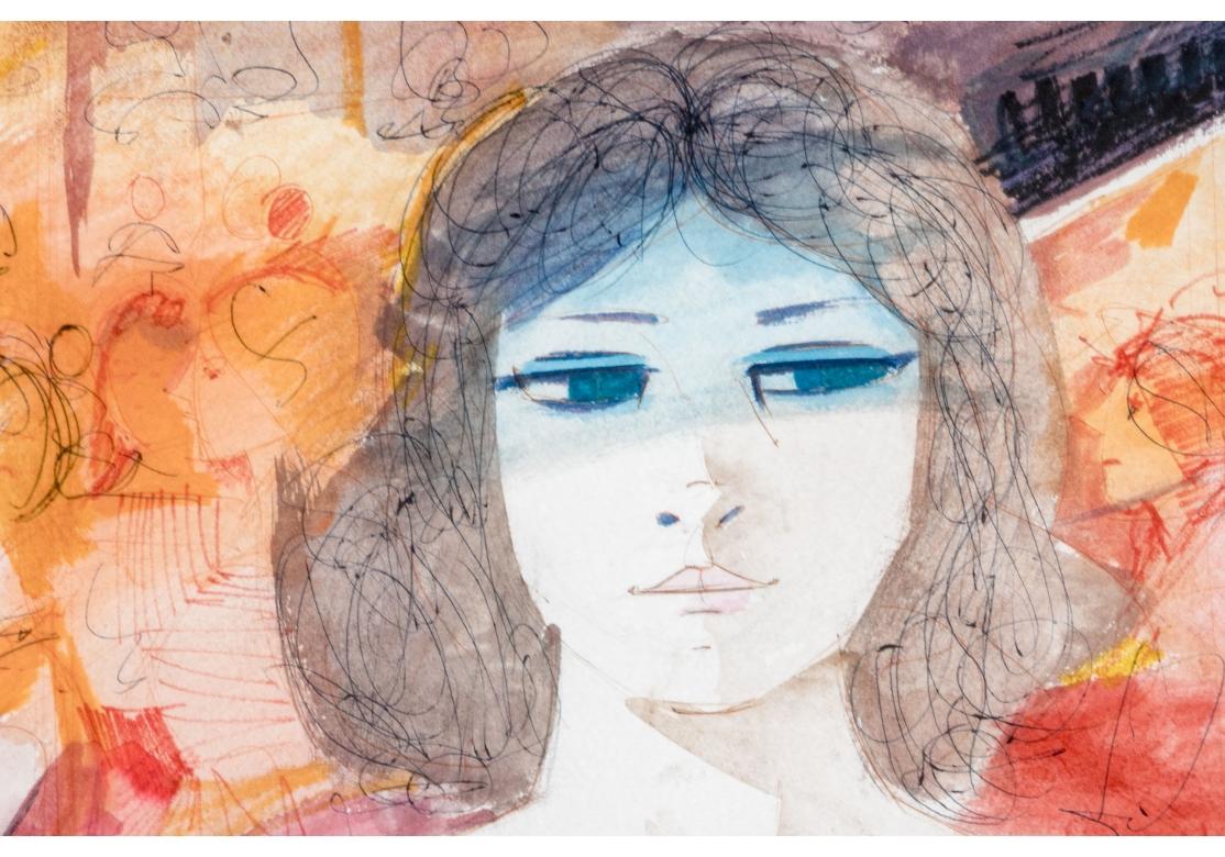Acquerello e inchiostro che raffigura una donna in abito viola con gli occhi sfumati di blu e una folla sullo sfondo nei toni dell'arancio, del rosa e del giallo.
Presentato in una cornice di metallo argentato, opacizzato e smaltato.
Firmato in