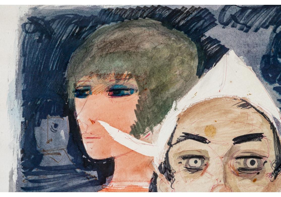 Charles Levier (Fr. 1920-2003) Acuarela y Tinta Sobre Papel Firmada Mujer Arlequín Moderno de mediados de siglo en venta