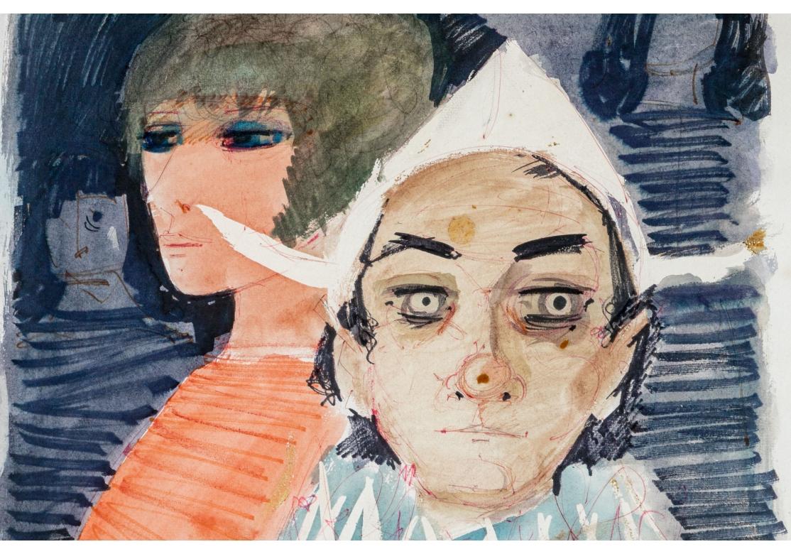 Charles Levier (Fr. 1920-2003) Acuarela y Tinta Sobre Papel Firmada Mujer Arlequín en Bastante bueno estado para la venta en Bridgeport, CT