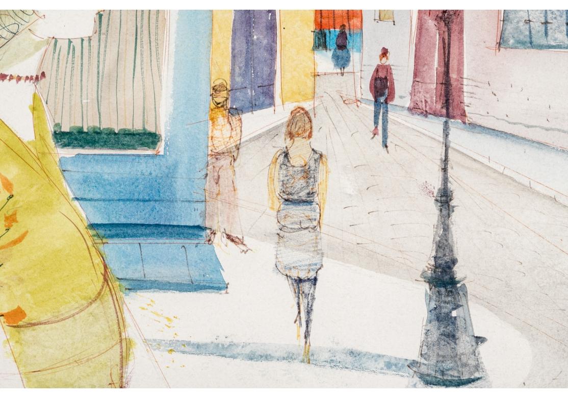 Mid-Century Modern Charles Levier (Fr., 1920 - 2003) - Signed Watercolor & Ink Women of the Street For Sale