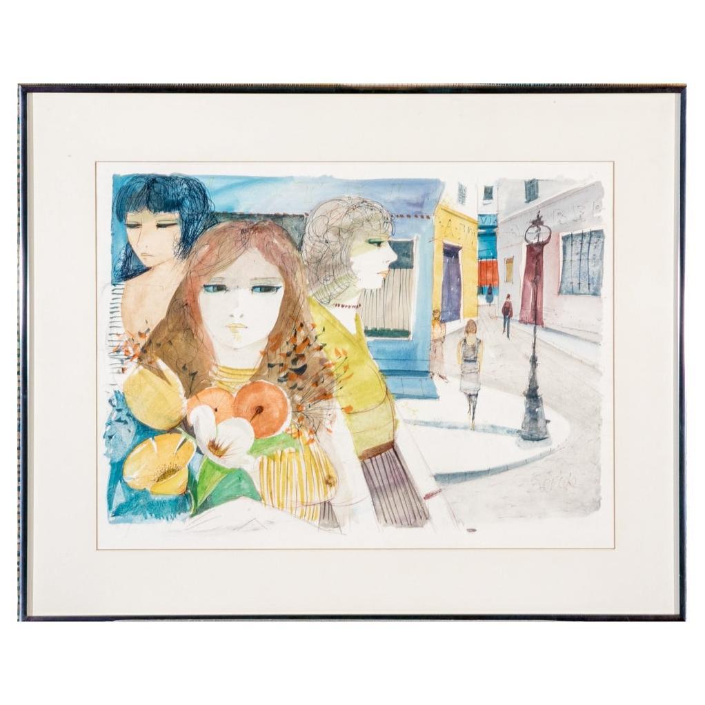 Charles Levier (Fr., 1920– 2003) – signiertes Aquarell und Tinte Women of the Street