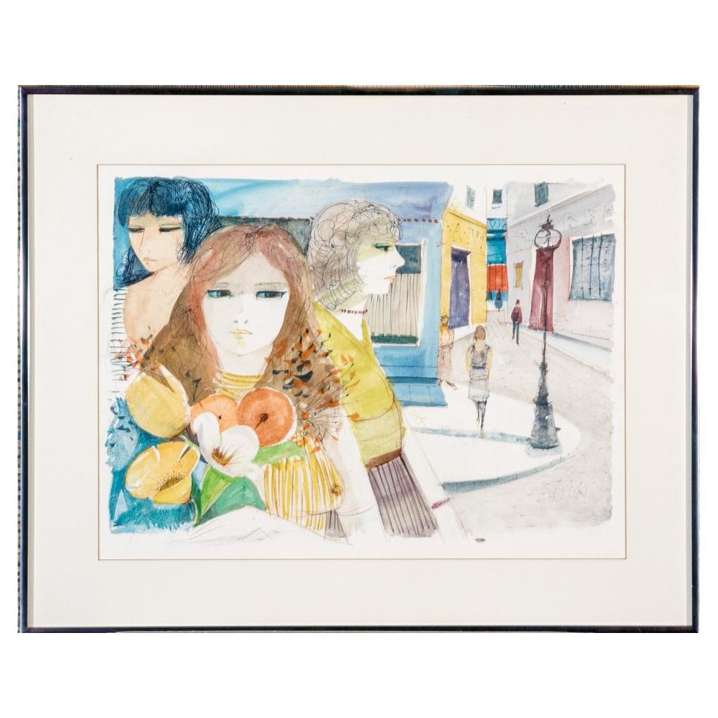 Charles Levier (Fr., 1920 - 2003) - Acquerello e inchiostro firmato Donne di strada