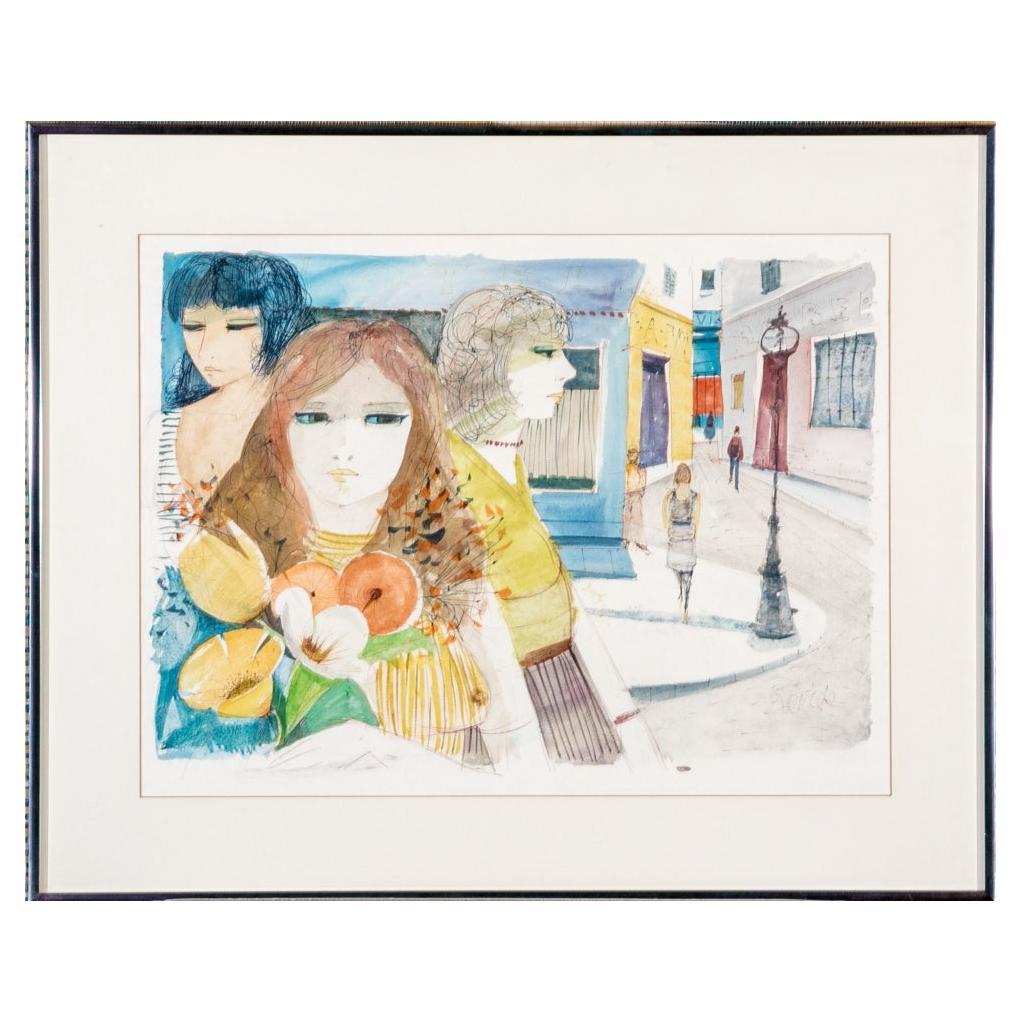 Charles Levier (Fr., 1920 - 2003) - Aquarelle et encre signées Women of the Street