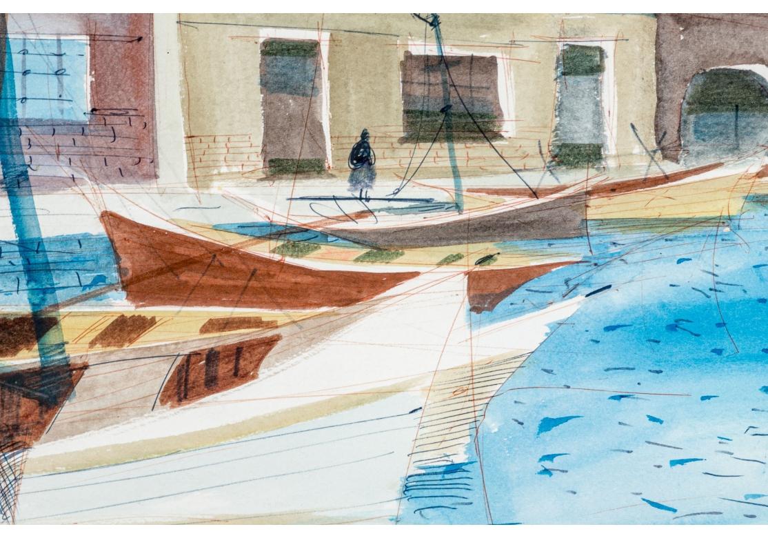 French Charles Levier (Fr., 1920 - 2003) Watercolor & Ink Coastal Boardwalk Scene For Sale